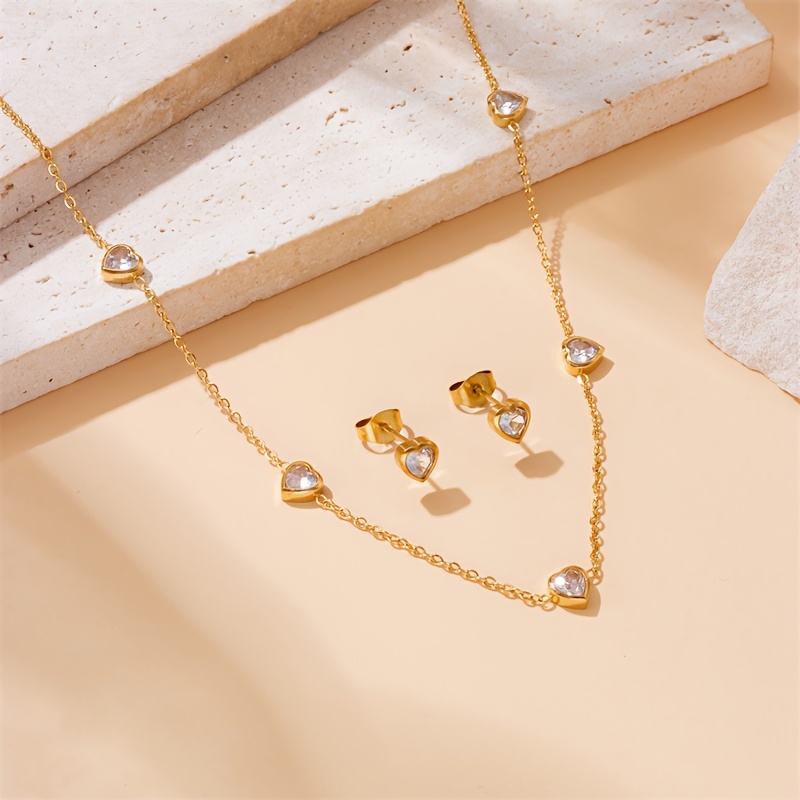 TEMU Minimally Luxurious And Elegant Heart-shaped Stainless Steel Earrings And Necklace Set With Fashionable And Lightweight And Luxurious Suitable