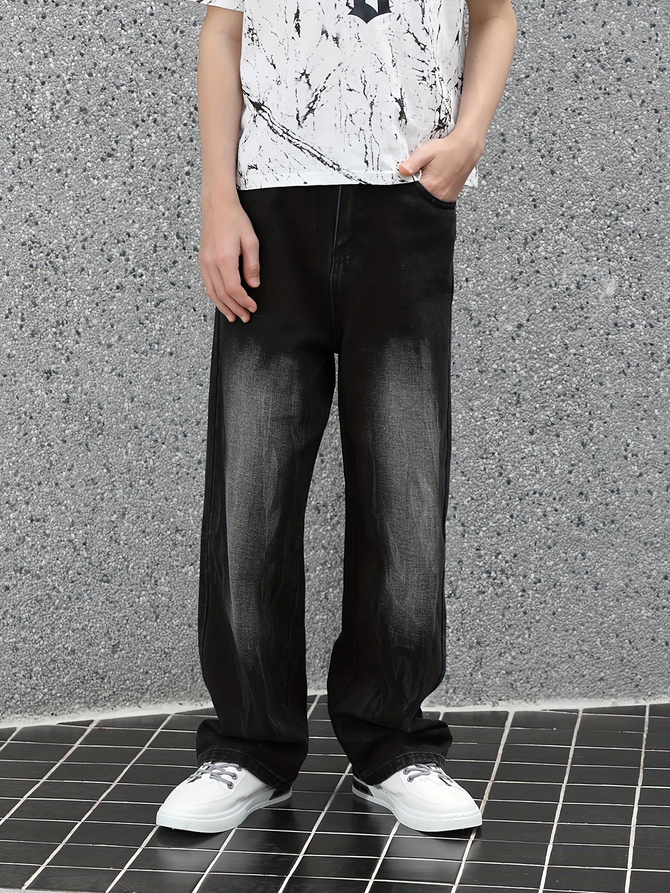 's Vintage Washed Tie-Dye Jeans Relaxed Fit Straight-Leg High-Waisted  Blue Denim Pants with Belt, Light to Dark Gradient for Casual Semi-Formal 