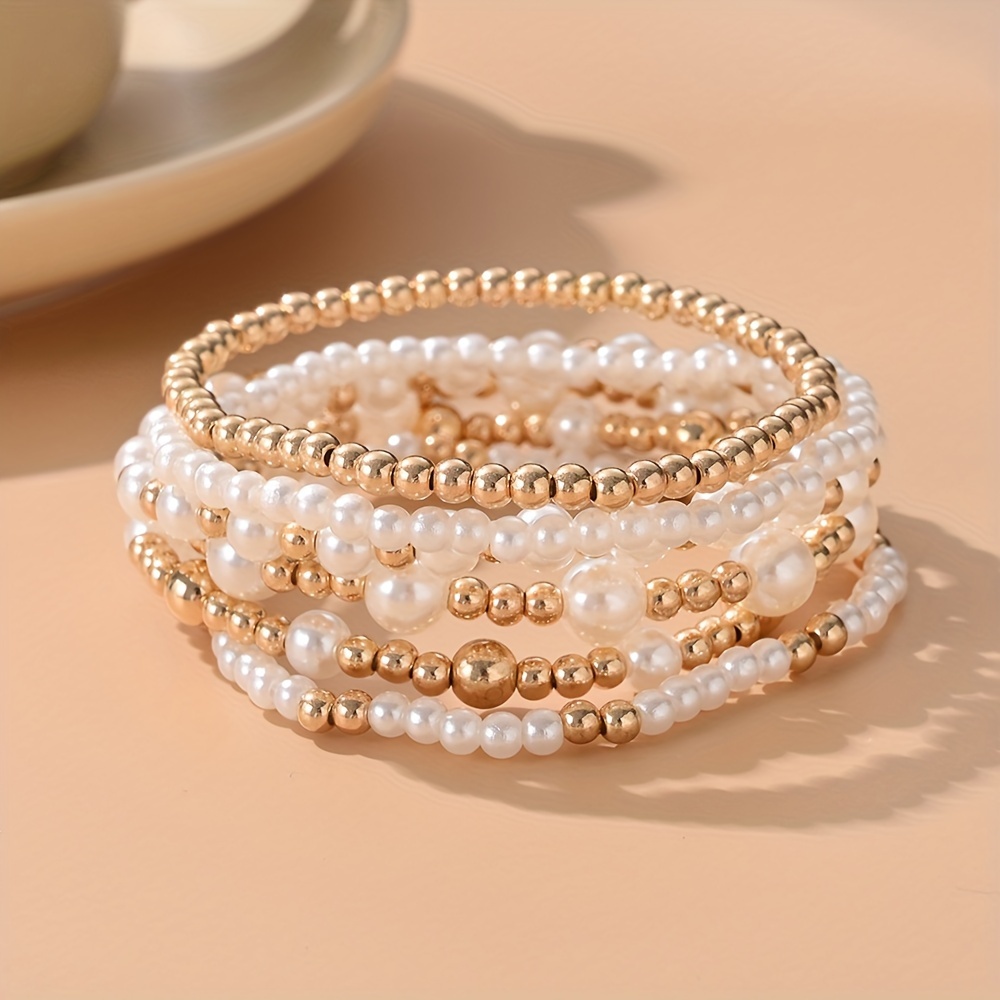 

Vintage Style Bracelet Set - 6pcs/1set Acrylic No Plating Stretch Bracelets With Pearls And Beads, Fashion Stacking Bracelets For Daily And Gift