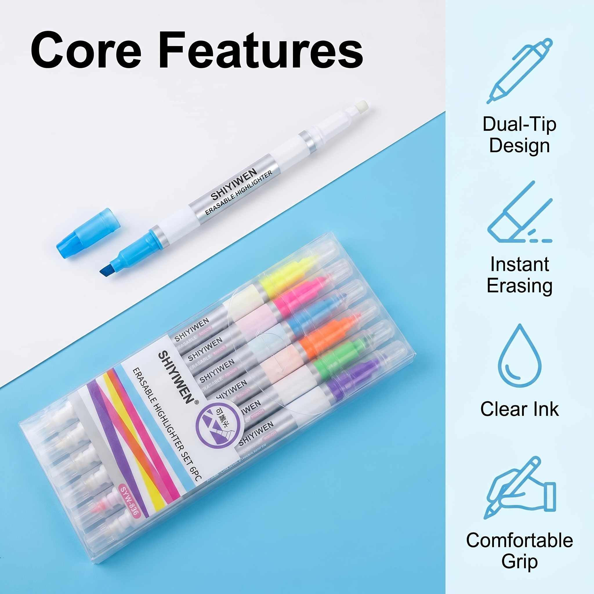 TEMU Surligneurs effaçables 6 couleurs, stylos de journal pour marquer et colorier qui s'effacent instantanément en cas d'erreur