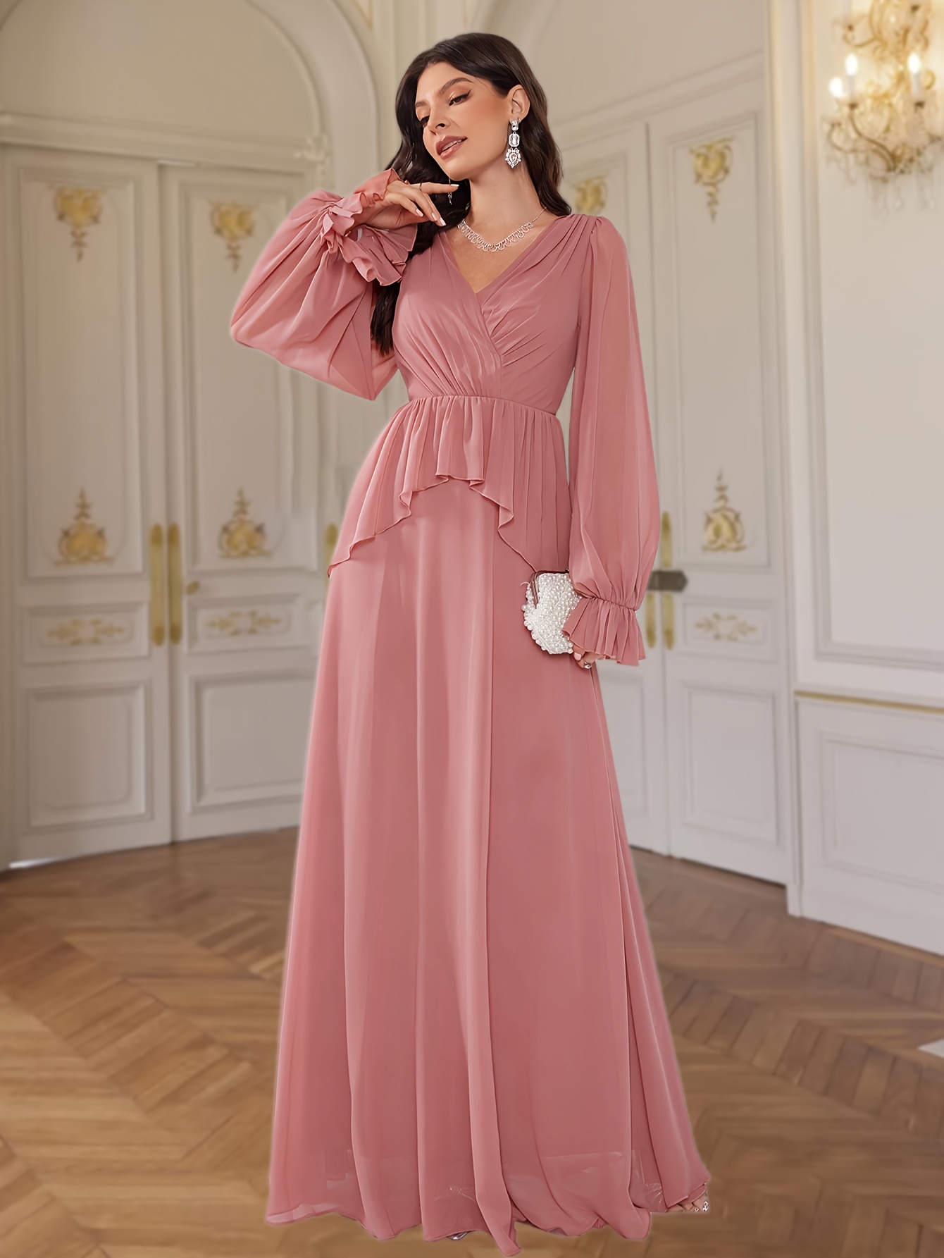 elegant french v neck vintage lantern sleeve ruffle trim - Temu Oman
