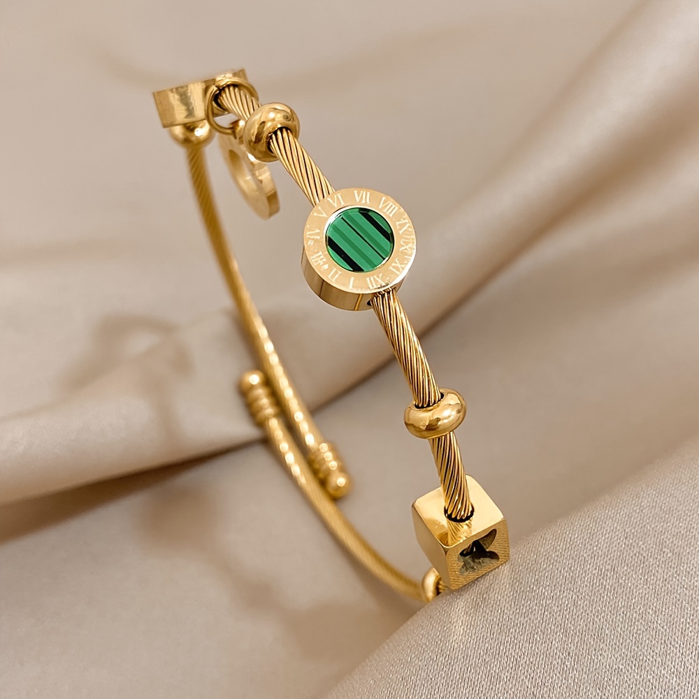 

1pc Retro Punk Style Stainless Steel Adjustable Bangle, Golden Color With Elegant Green Stone & Roman Numerals, Trendy Party Daily Wear, Ideal Valentine's Day & Christmas Jewelry Gift For Women