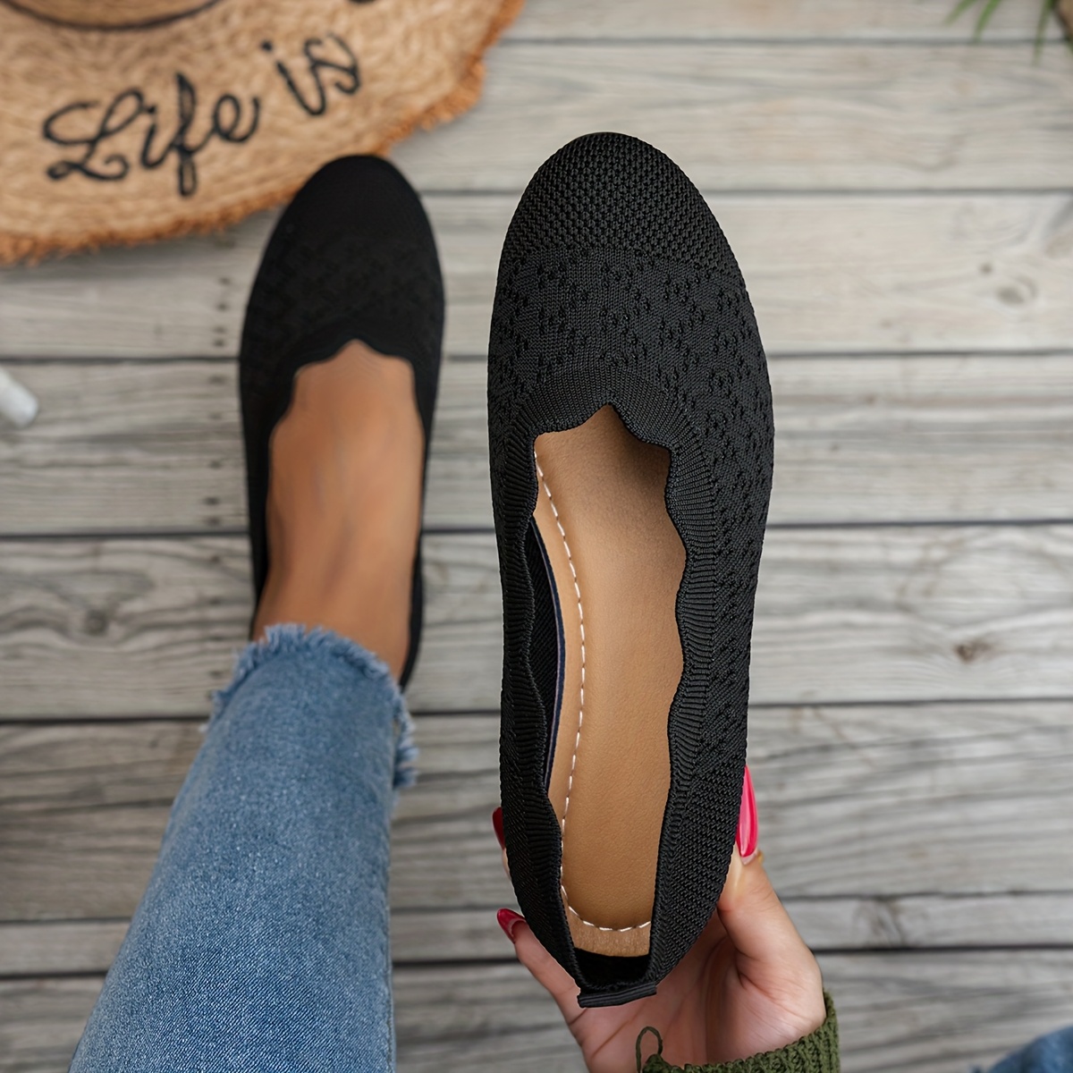 Women's Casual Flats, Fashionable And Versatile Round Toe Solid Black Breathable Knitted Comfortable Outdoor Lace Flats, Women Shoes Elegant Women Shoes Shoes