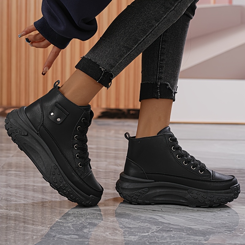Zapatillas de Plataforma con Cubierta de PU Negras para Mujer Zapatos  Casuales de Gruesa y Estilo con Cierre de Cordones, Punta Redonda y Deta