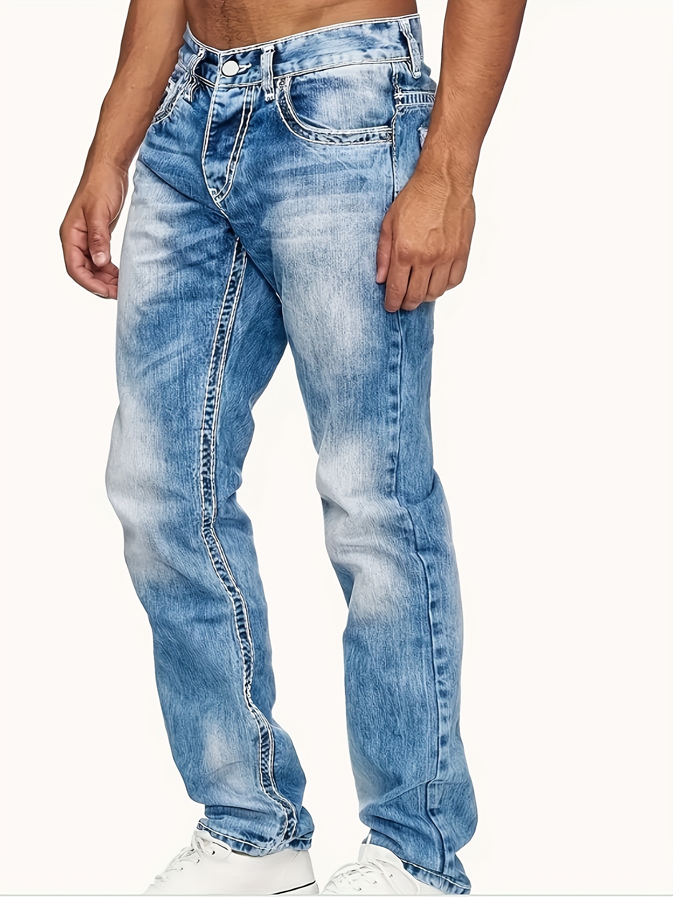 Plus Size Men's Fashion Stretch Jeans with Embroidered Detailing - Casual, Comfortable Denim in Blue with Pockets, Machine Washable, Plus Size Jeans, PLUS SIZE