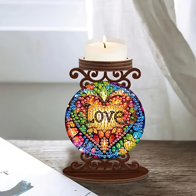 TEMU 1 Set Of Diy Love - Pattern Diamond - Painting Candelabra, Double - Sided Wooden Special - Shaped Crystal Sequin Diamond - Painting Art Mosaic ,