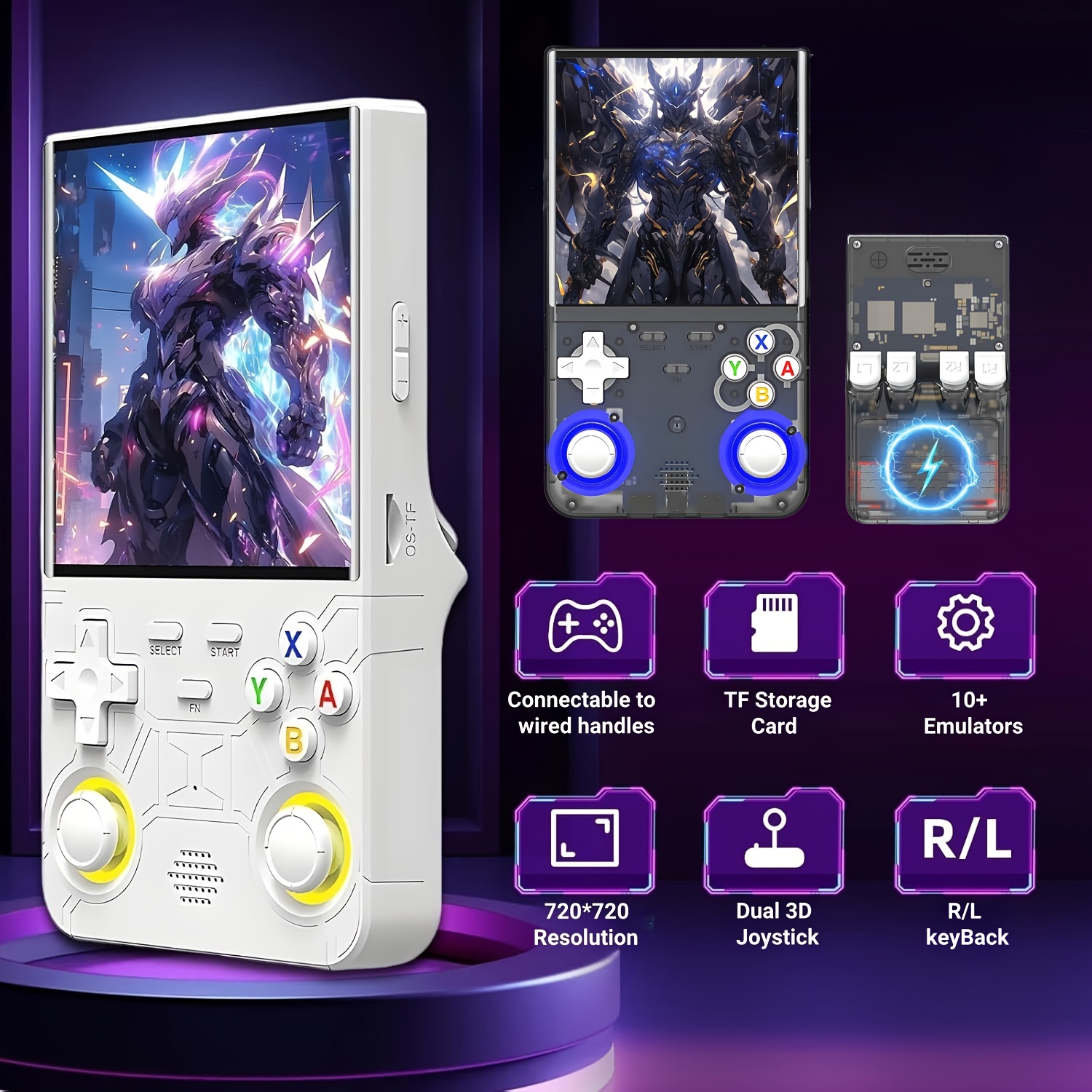 FETIOST R36 Ultra Handheld Game Console - 4-inch HD Screen, 64GB/128GB Storage, 3500mAh Battery, 10+ Emulators (PS2/PS1/N64/GBA/PSP/PC/), Dual 3D Joysticks, Portable Gaming System for PC-Free Play (White/Purple/Blue/Black)
