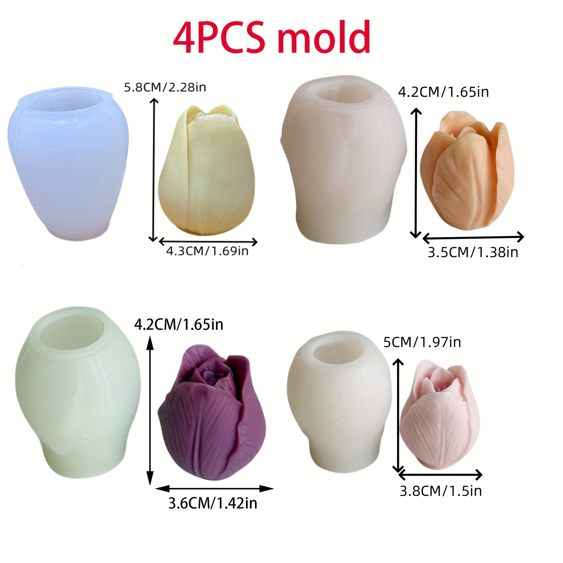 TEMU 4pcs Mold - Flexible Silicone Diy Craft Mold With Realistic Tulip Petals, & Leaves For Candle, Soap, Resin, Plaster Casting - Irregular Flower