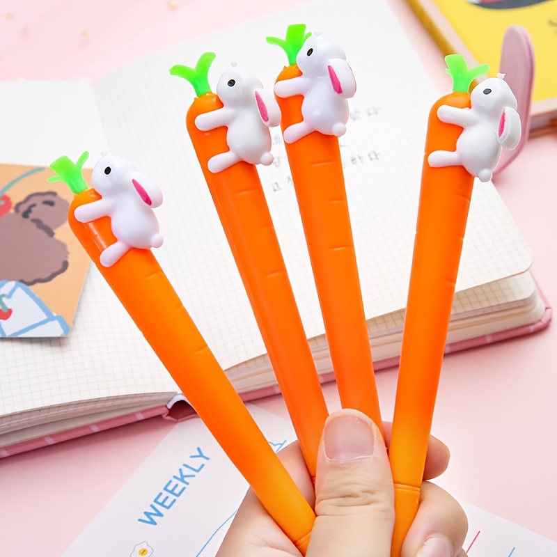 TEMU Assorted 4pcs Of Neutral Pens Featuring Rabbits Holding Carrots.