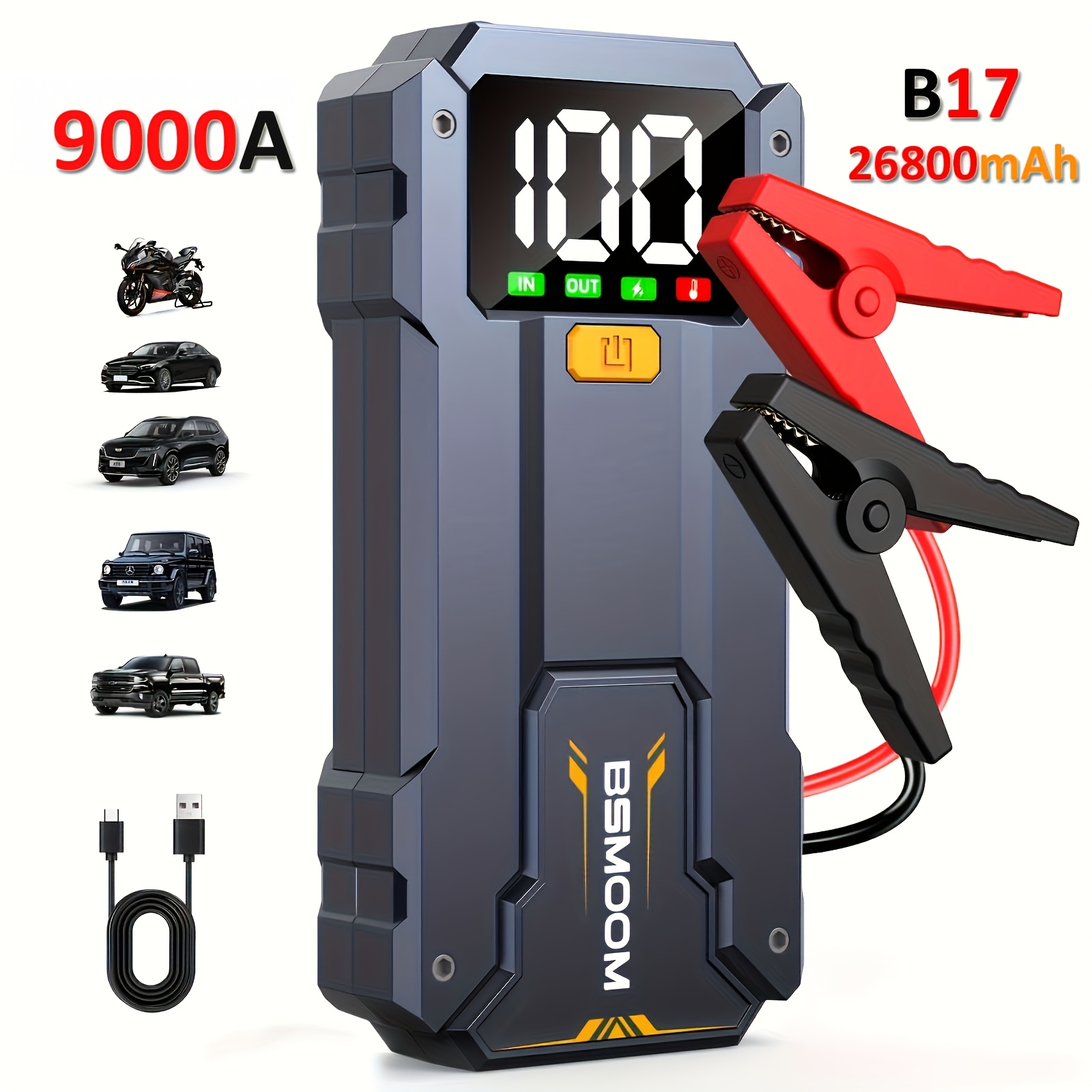 E-shop 12V Autostarthilfe, tragbare Autostarthilfe, 9000A Spitze, Autobatterie-Booster, 12800mAh/ 26800mAh Powerbank für Handy, Schnellladegerät,