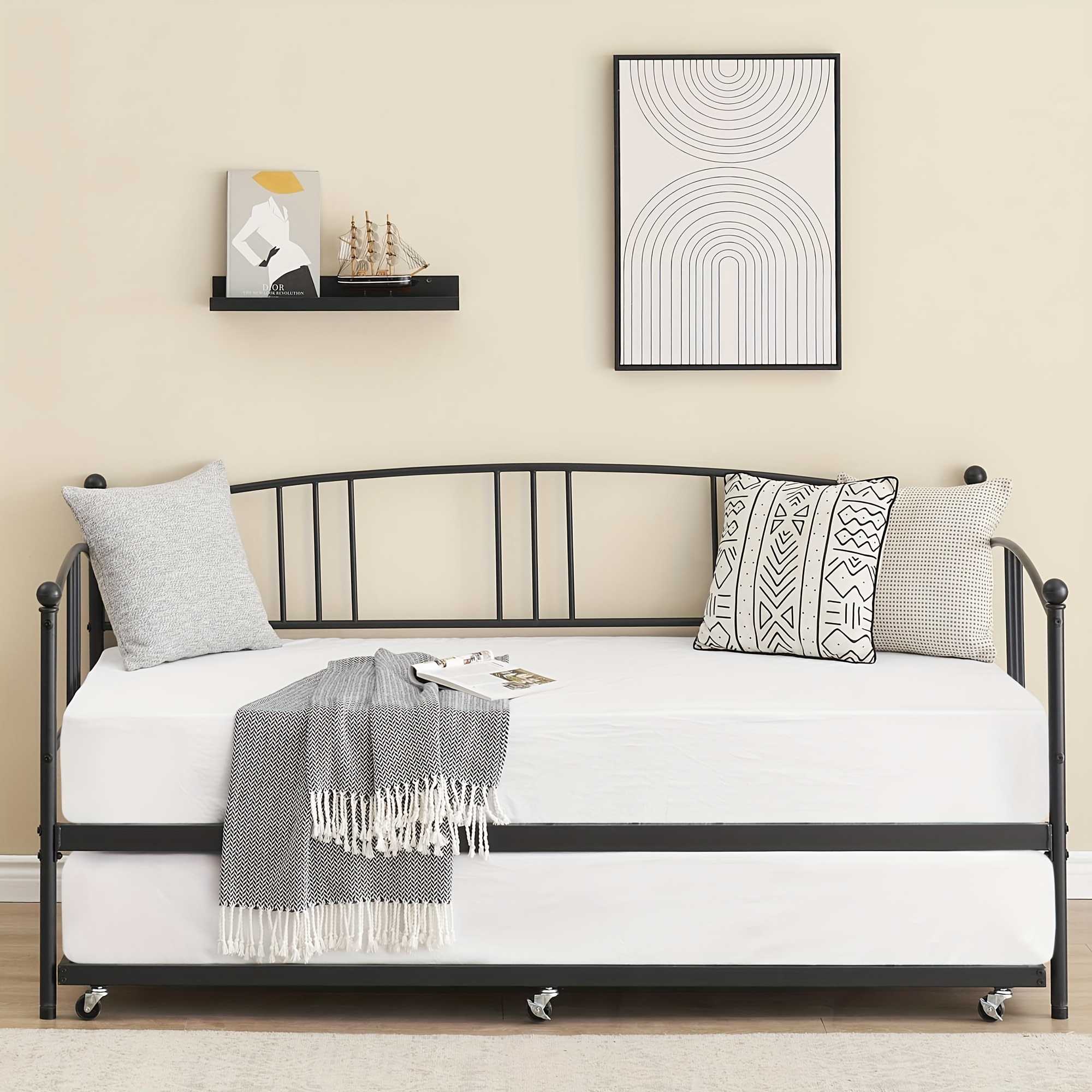 

Twin Metal Daybed With Trundle, Twin Size Daybed Frame With Pullout Trundle 6 Casters, Steel Slat Support Guest Sofa Bed For Living Room, Bedroom, Apartment