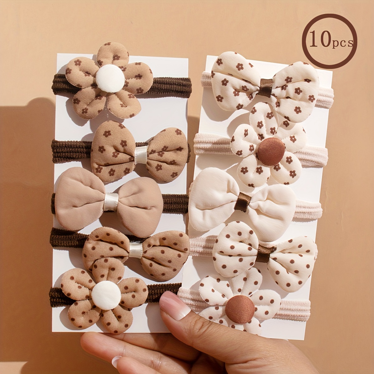 10pcs Adorable Coffee & Beige Bow Hair Ties With Floral Patterns - Soft Polyester Fabric, Perfect For Ponytails Or Bun Hairstyles, Wear