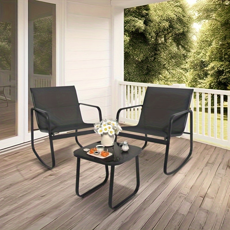 

Phabules 3- Piece Outdoor Patio Bistro Furniture Set, Rocking Chair Set- 2 Rocking Chairs With Glass Coffee Table- Black