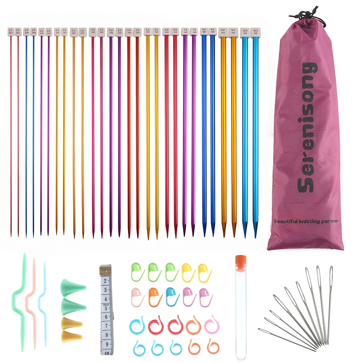 Image of 28pcs/14 Pairs Aluminum Knitting Needles Set, Colored Straight Single Pointed Metal Knitting Needles, 14 Size From 2.0mm-10.0mm, 13.8 Inches Length For Handmade Diy Knitting (35cm)
