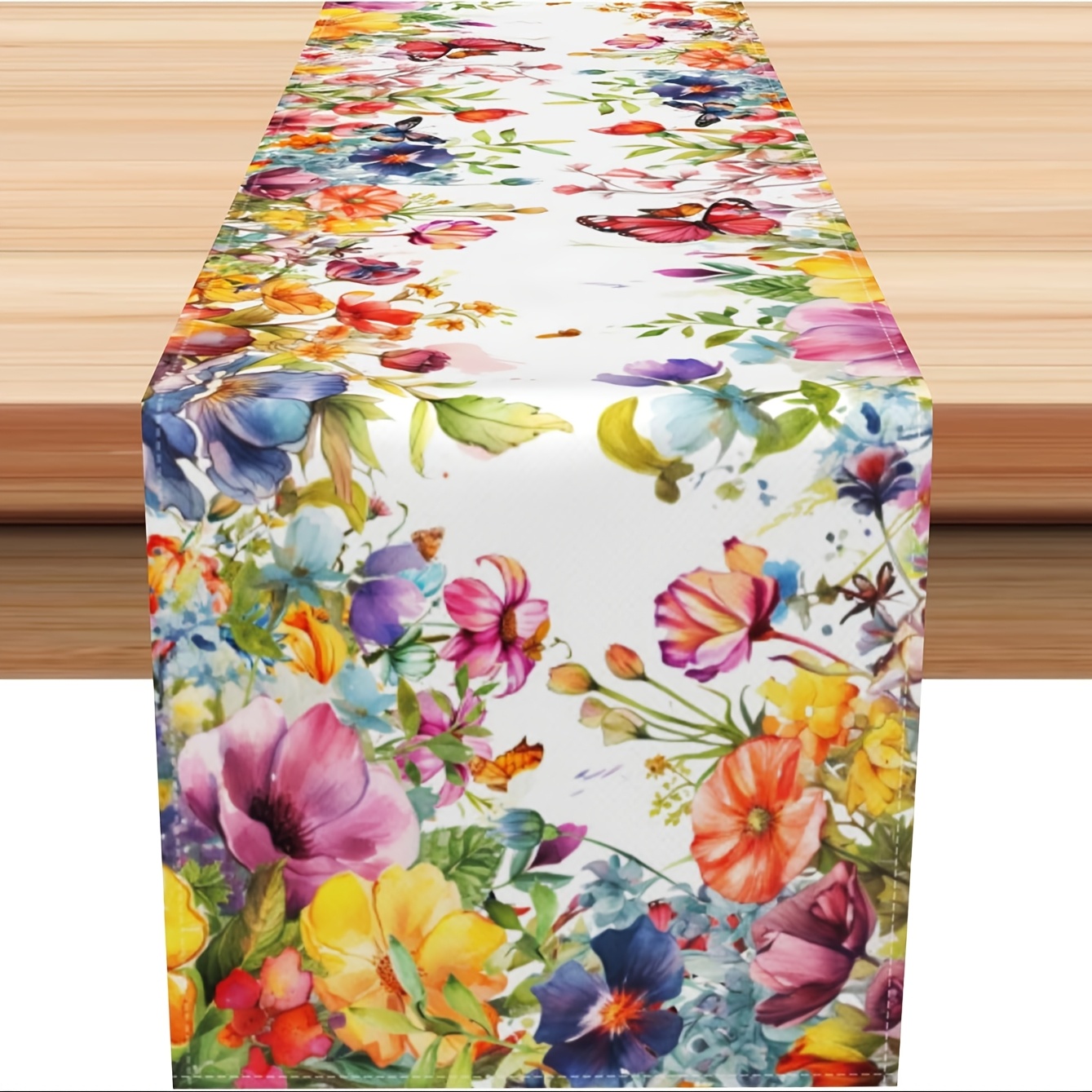 Image of Spring Floral Linen Table Runner - 1pc, Perfect For Farmhouse Dining & Holiday Decor, Indoor/outdoor Use, In Multiple Sizes (13x48", 13x72", 13x108"), Kitchen, Coffee Table, Party Supplies
