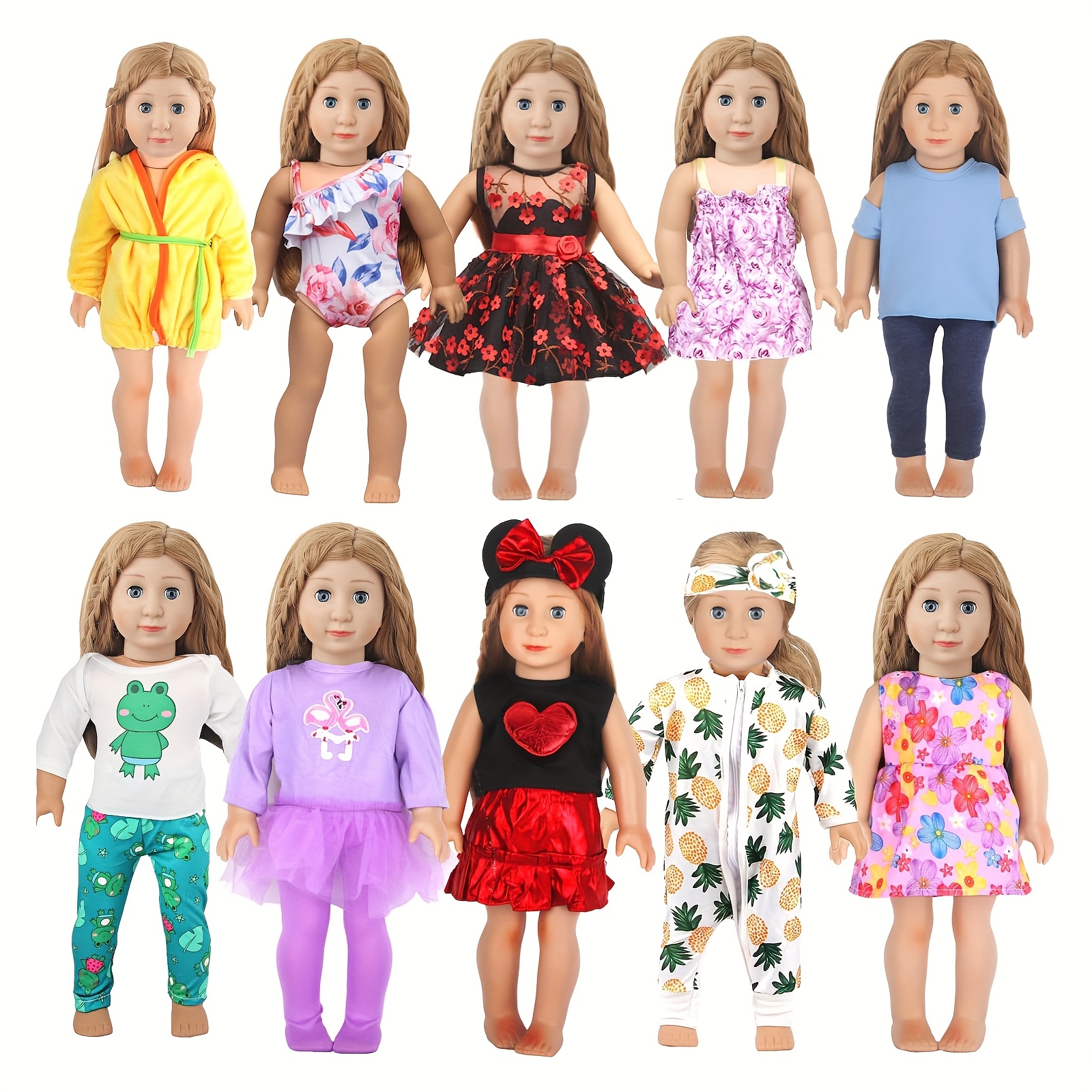 TEMU 10 Sets Of Doll Clothes, Suitable For 18-inch American Dolls, Doll Skirts, Doll Pajamas, Doll Swimsuits, Doll Casual Wear, Doll Headgear(no Doll
