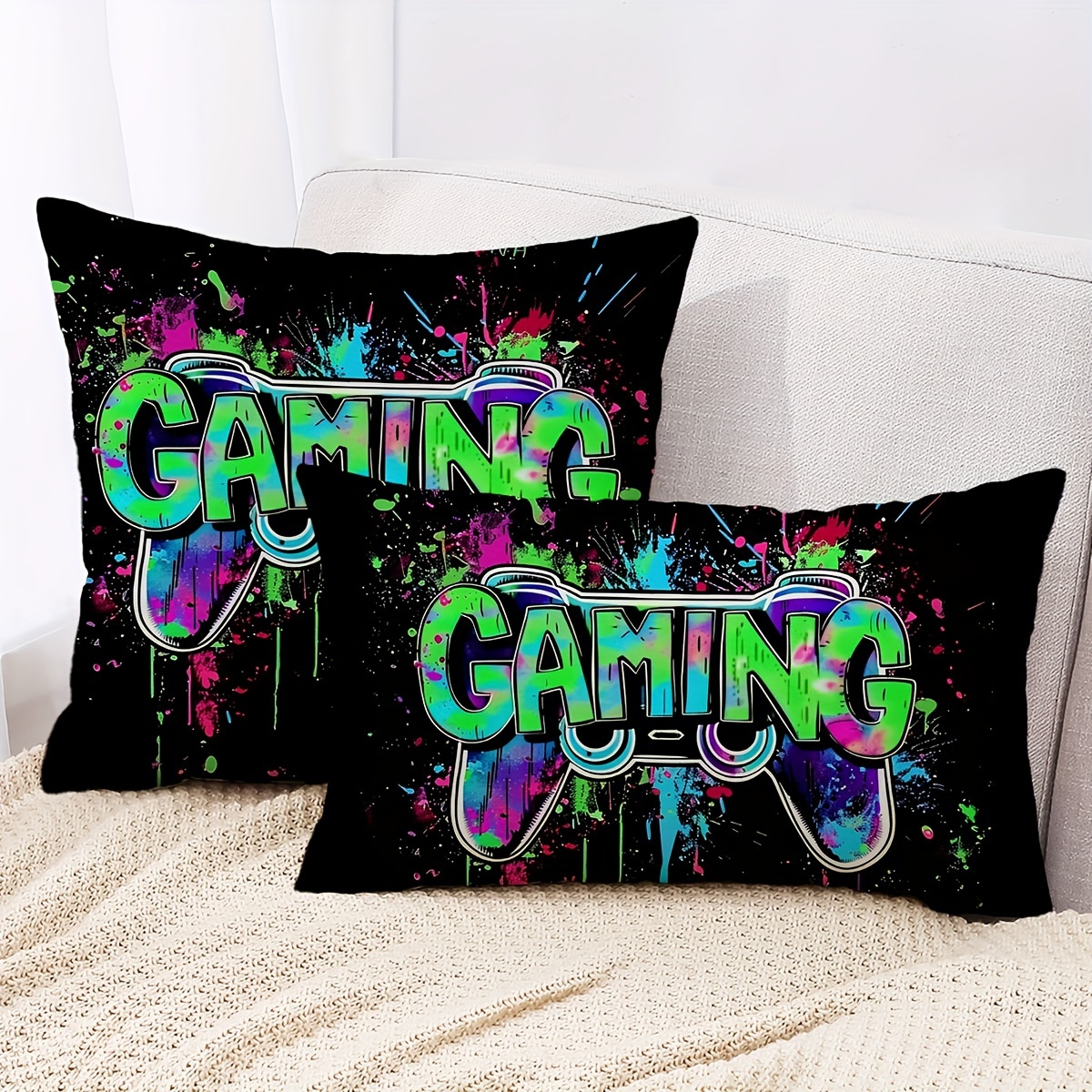 

Neon Glow Game Controller Throw Pillow Cover - Soft Plush, Zippered Cushion Case For Gaming Room Decor, 11.8x19.7in & 17.7x17.7in - Sofa And Bedroom (pillow Not Included)