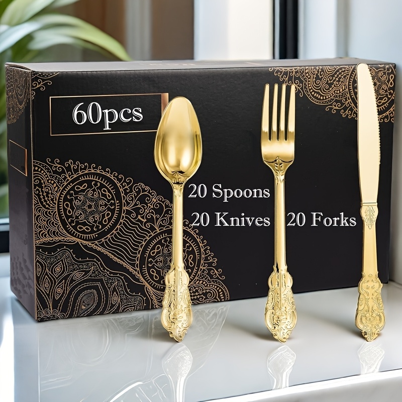 

Elegant 60pcs Golden Plastic Cutlery Set - Heavyweight, Includes 20 Forks, Spoons & Knives For Parties And Christmas