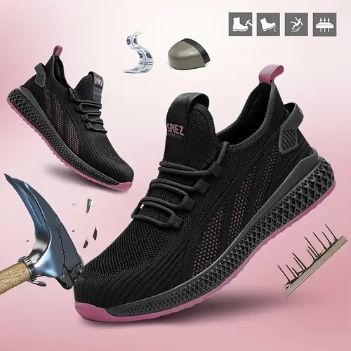 womens composite toe safety shoes anti smash and puncture resistant slip on breathable work sneakers for women lightweight fashionable work footwear for daily pink