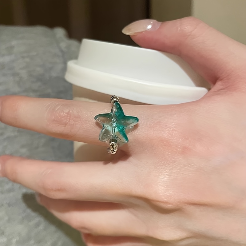 Adjustable Boho Starfish Ring with Green Beads
