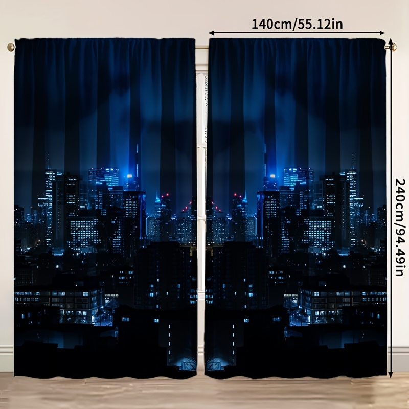 This Set Of 2 Curtains Showcases A Stunning City , Where The Vibrant Against The Dark Blue-. -clear Details A Contemporary Flair To