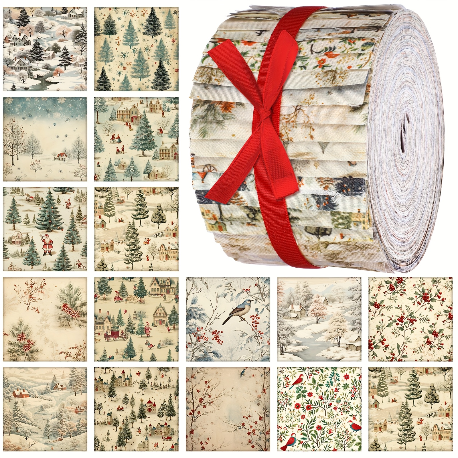 TEMU 40pcs Christmas Quilting Fabric Roll 2. Precut Fabric Squares Jelly Snowflake Red Strips Materials For Winter Xmas Holiday Craft Sewing Panels