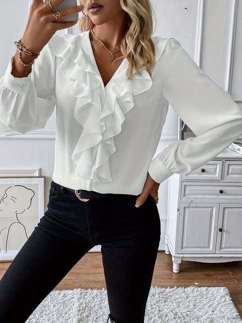 plus size - plus size - plus size damen einfarbiges v-ausschnitt rüschen design statement langarmshirt