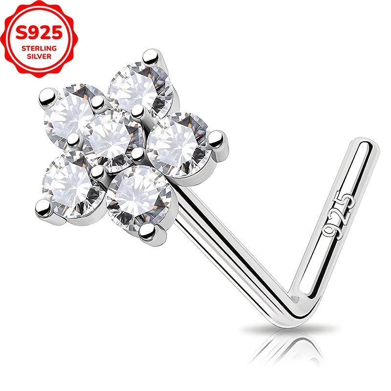 

An Elegant And Simple L-shaped Nose Stud With Exquisite Zirconia Inlay, S925 Pure Silvery Women's Nose Stud, Suitable For , Women's Jewelry Gift, Low Allergy, Silvery Weight 0.65g