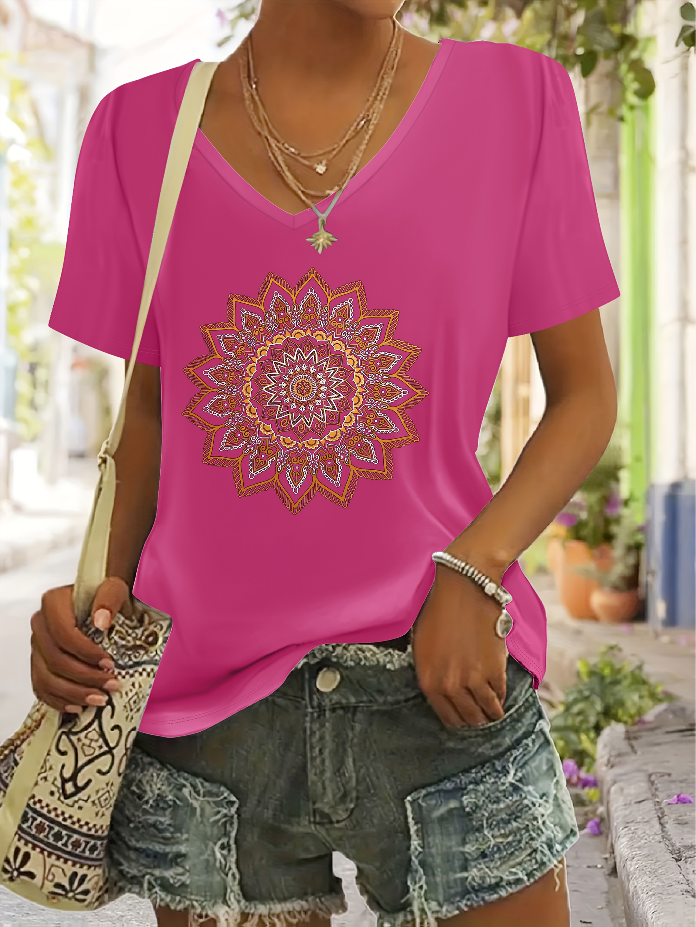 Top Estivo Donna Con Scollo A V E Maniche Corte - Morbido Rosa Taglia L - Casual Chic