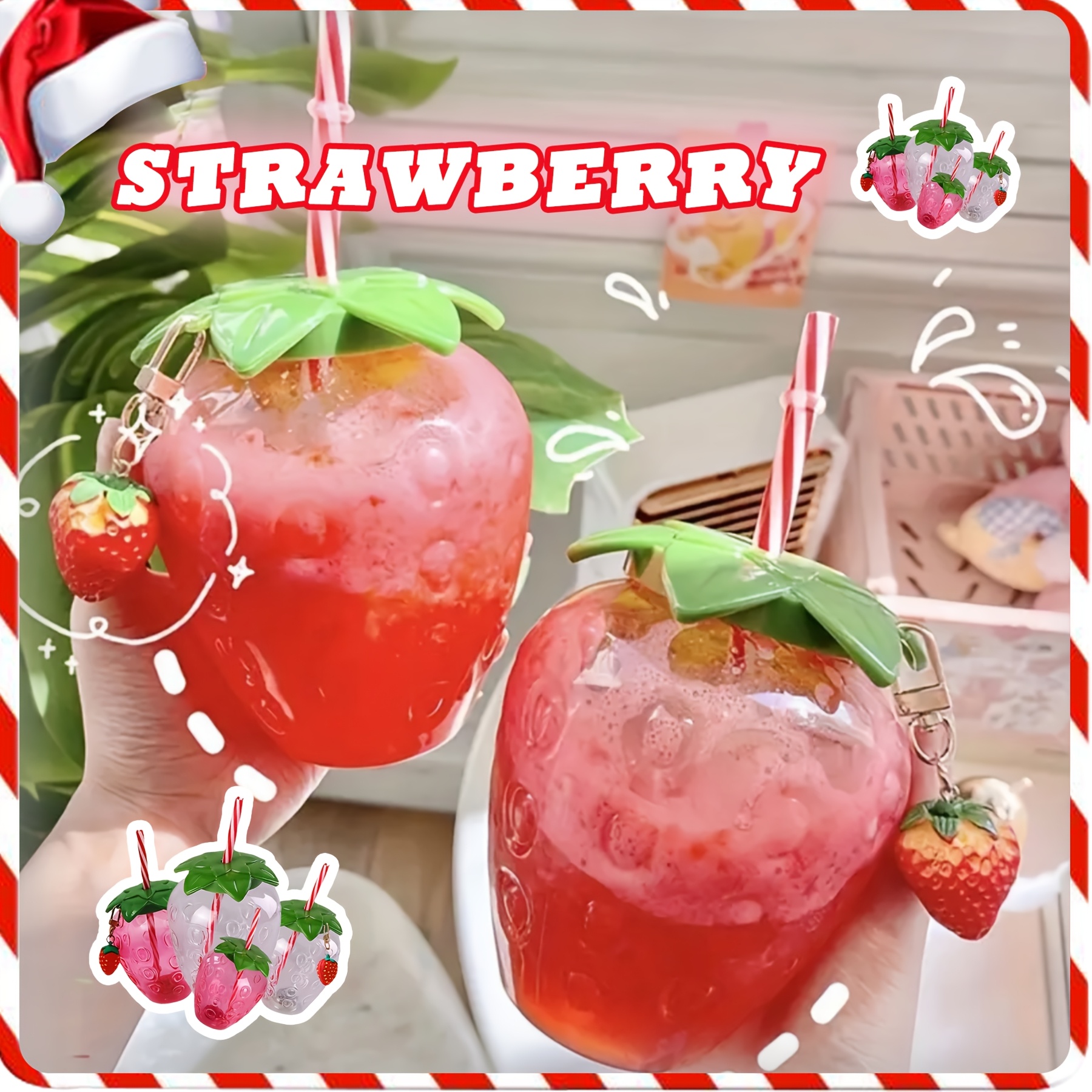 

1pc Cute Transparent Strawberry With Lid And Straw Kawaii Strawberry Cup Cup Portable Drinkware