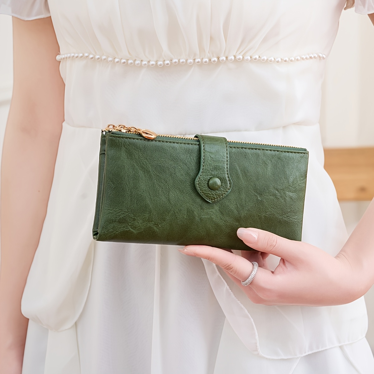 Image of Women's Vintage-style Double Zipper Pocket Clutch, Fashion Button Closure, Large Capacity, Multi-card Slot Portable Bifold Long Wallet