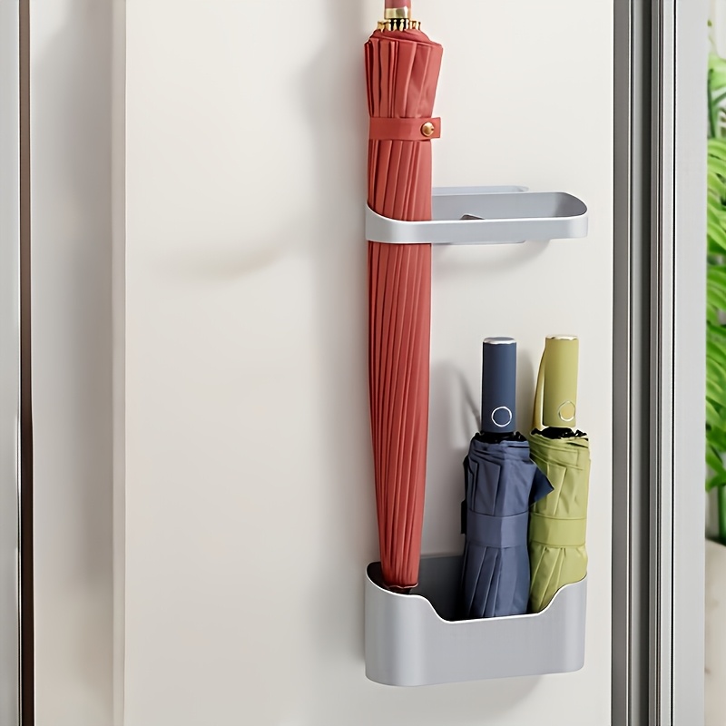 TEMU 2pcs Set Of Non-perforated Wall-mounted Umbrella Rack With Water Tray Long Handle Umbrella Folding Umbrella Storage Rack For Office And Home