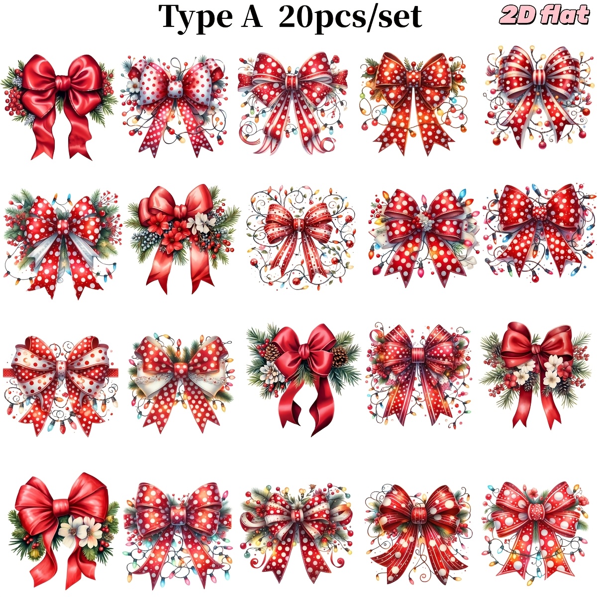 Image of 20pcs/set Creative Retro Solid Color Matte Red Satin With Bow And Red Background White Dot Polka Dot Bow Series Handmade Sticker Decoration 2d Flat Stickers