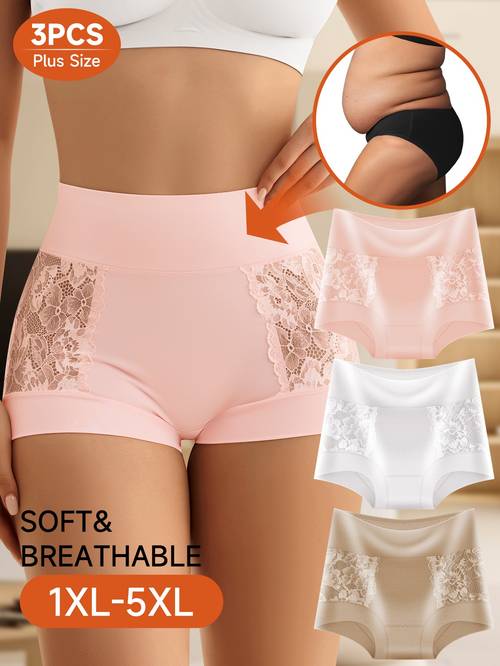 3 pack womens plus size lace mesh fashionable breathable tummy control shaping panties