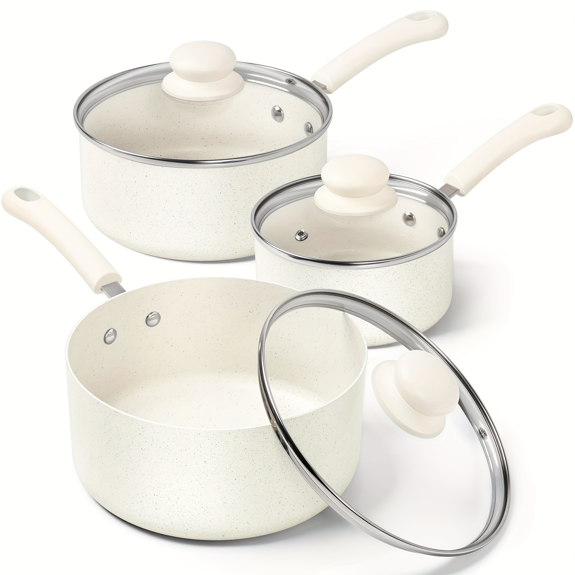 

Sauce Pan Set With Lid, 1qt&2qt&3qt Granite Saucepans, Nonstick Saucepan Set, Pfas-free Pot Set, Small Pots For Cooking, Multipurpose Cooking Pots Set, White Granite