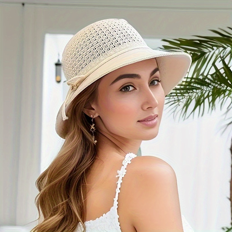 

Women's Stylish Summer Sun Hat, Foldable Wide Brim Beach Hat, Casual Travel Straw Floppy Hat, Fashionable Bucket Hat For Round Faces