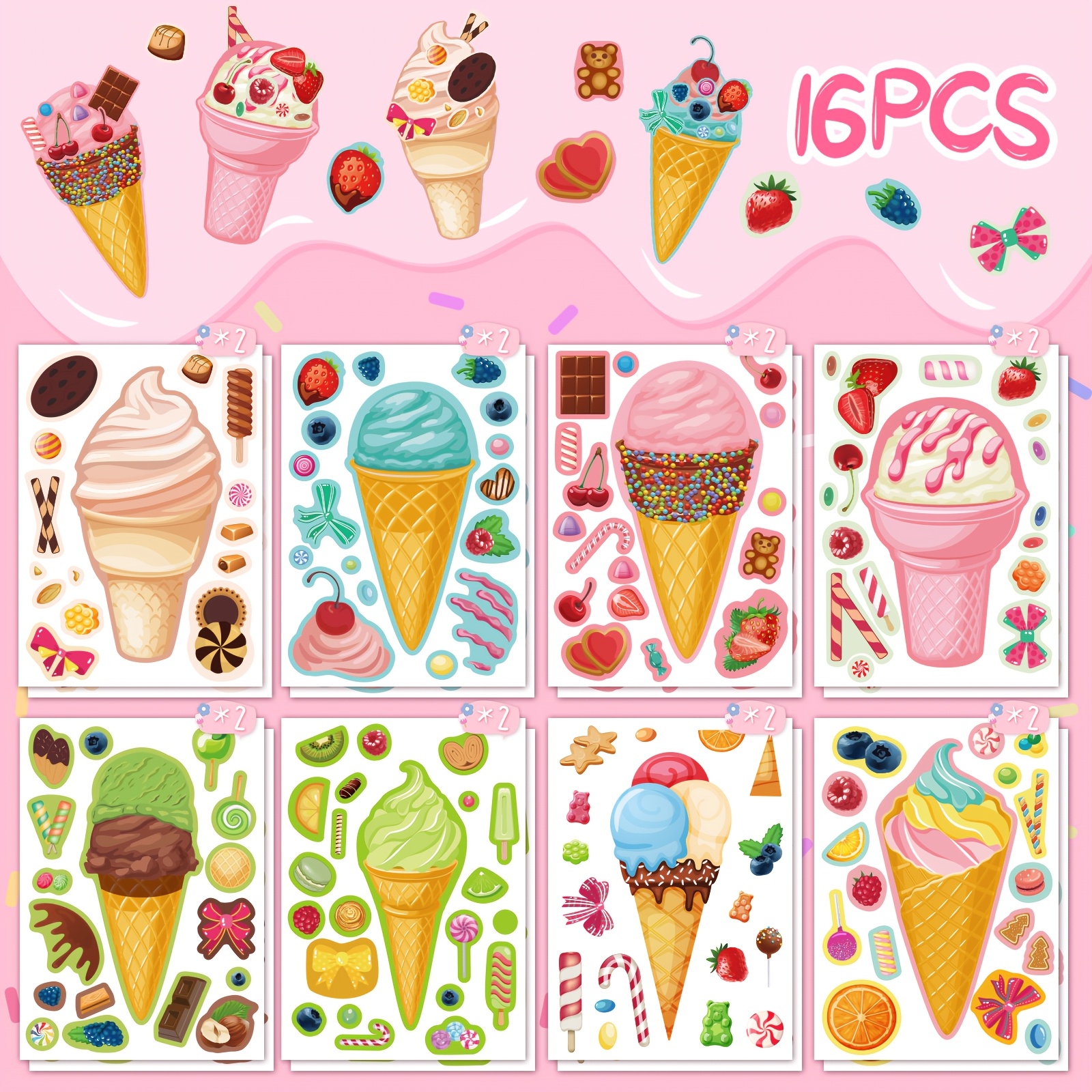 8pcs/16pcs Cartoon Ice Cream Stickers