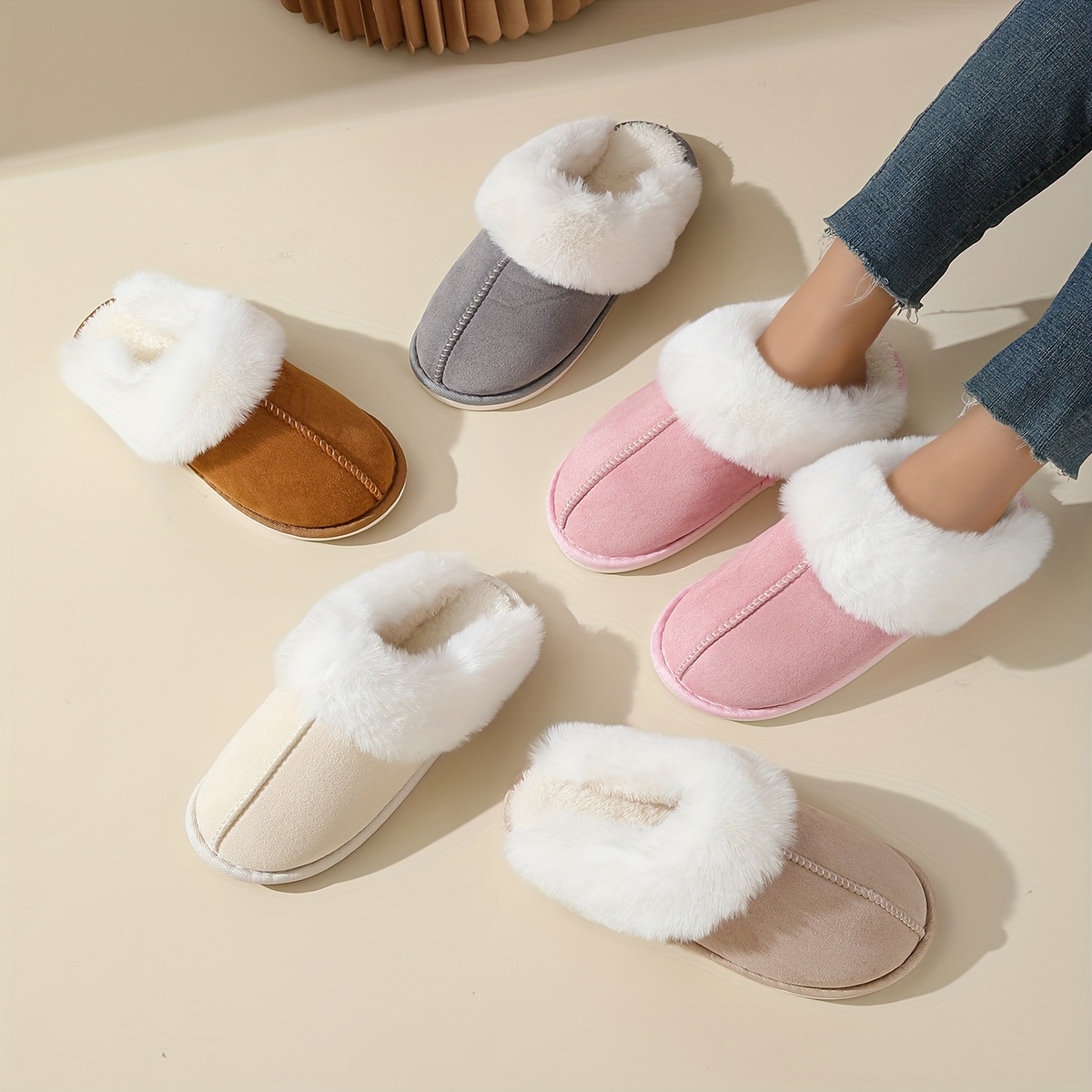 

Chaussons en Peluche pour Femmes Hiver Couleur Unie Chaussons Chauds Couple Maison Antidérapants