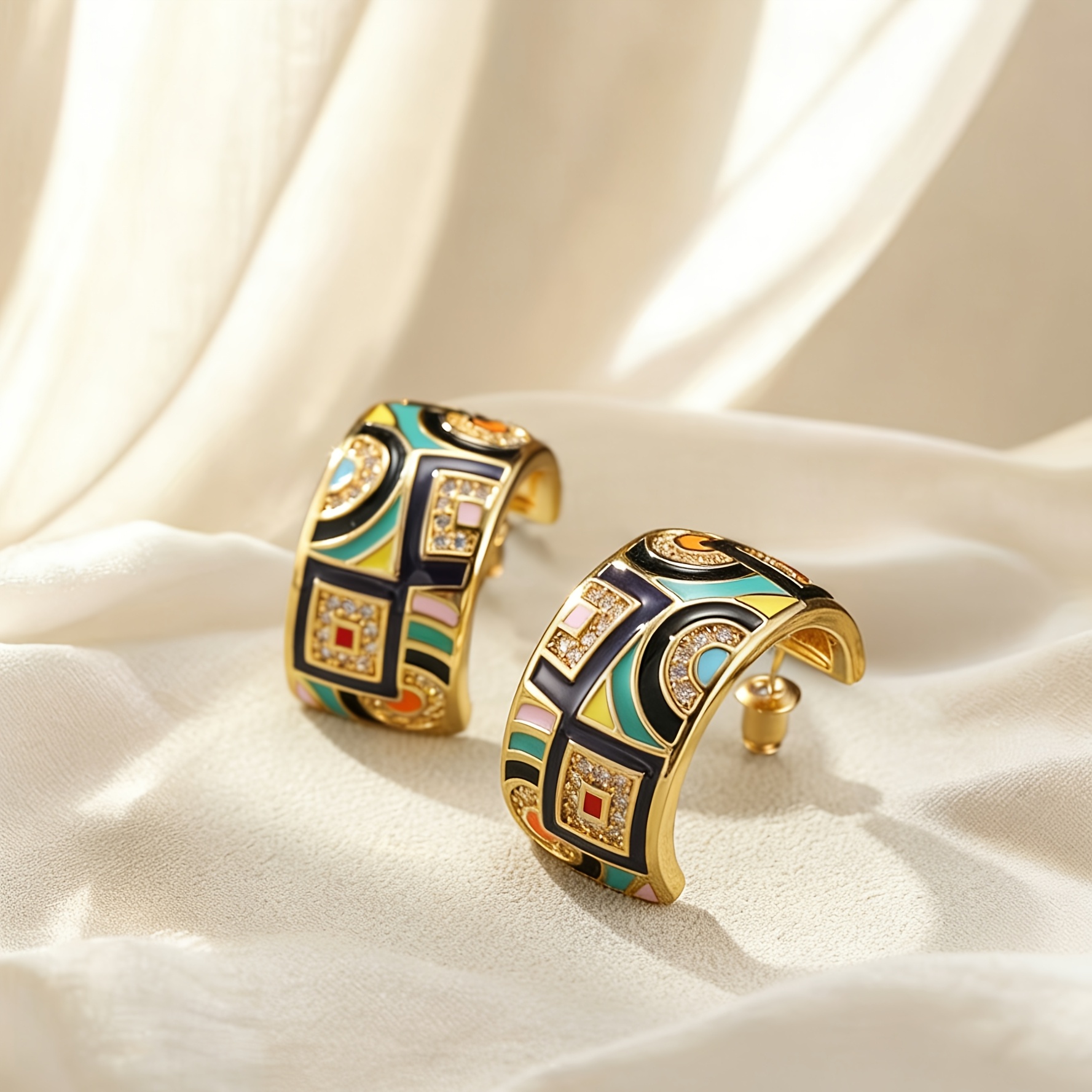 TEMU 1 Pair Of Vintage Court Enamel Craft Geometric Earrings, Suitable For Banquets, Weddings, And Holiday Parties, Without Battery