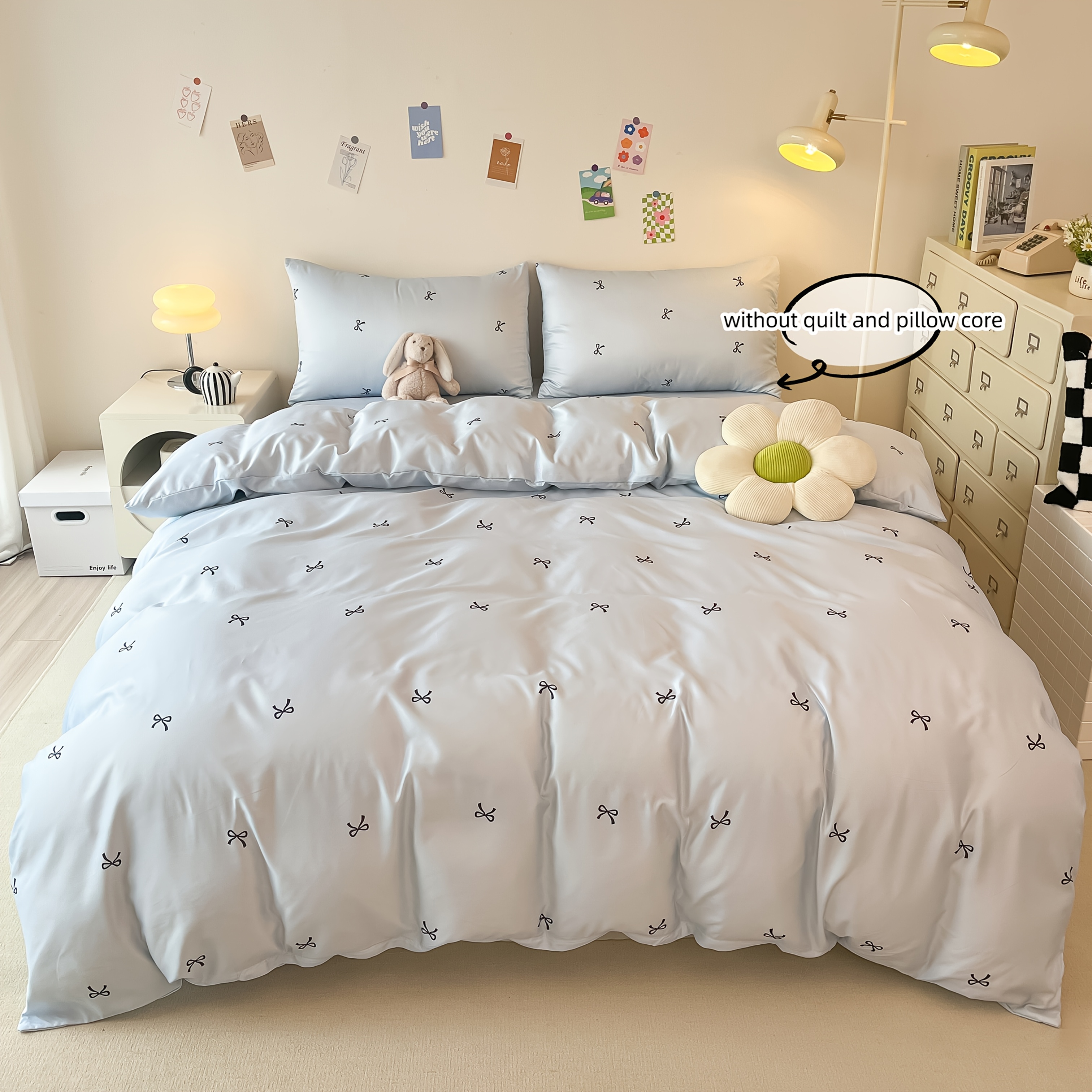 TEMU Ensemble de literie 3 pièces à imprimé nœud, housse de couette et taies d'oreiller en satin bleu