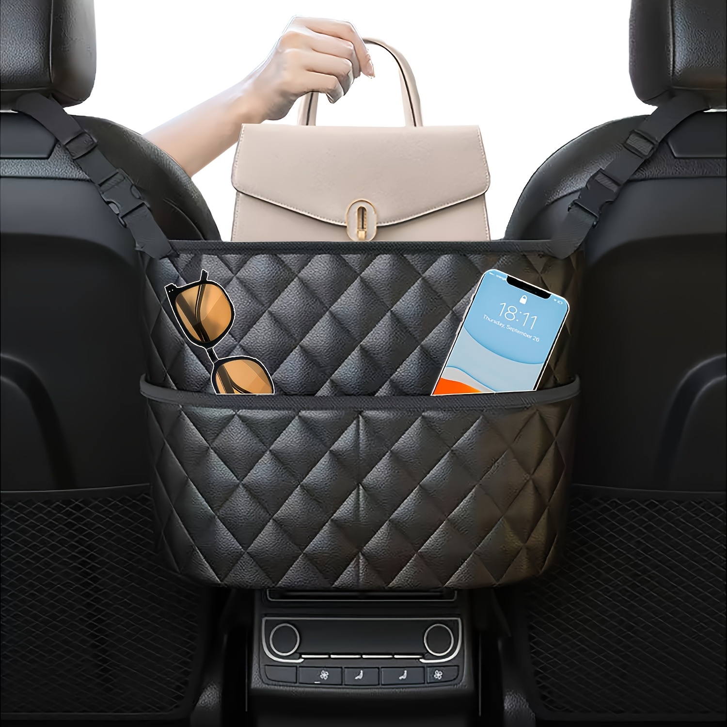 TEMU Large Capacity Car Purse Handbag Holder Between Seats, Leather Seat Back Organizer With 3 Pockets