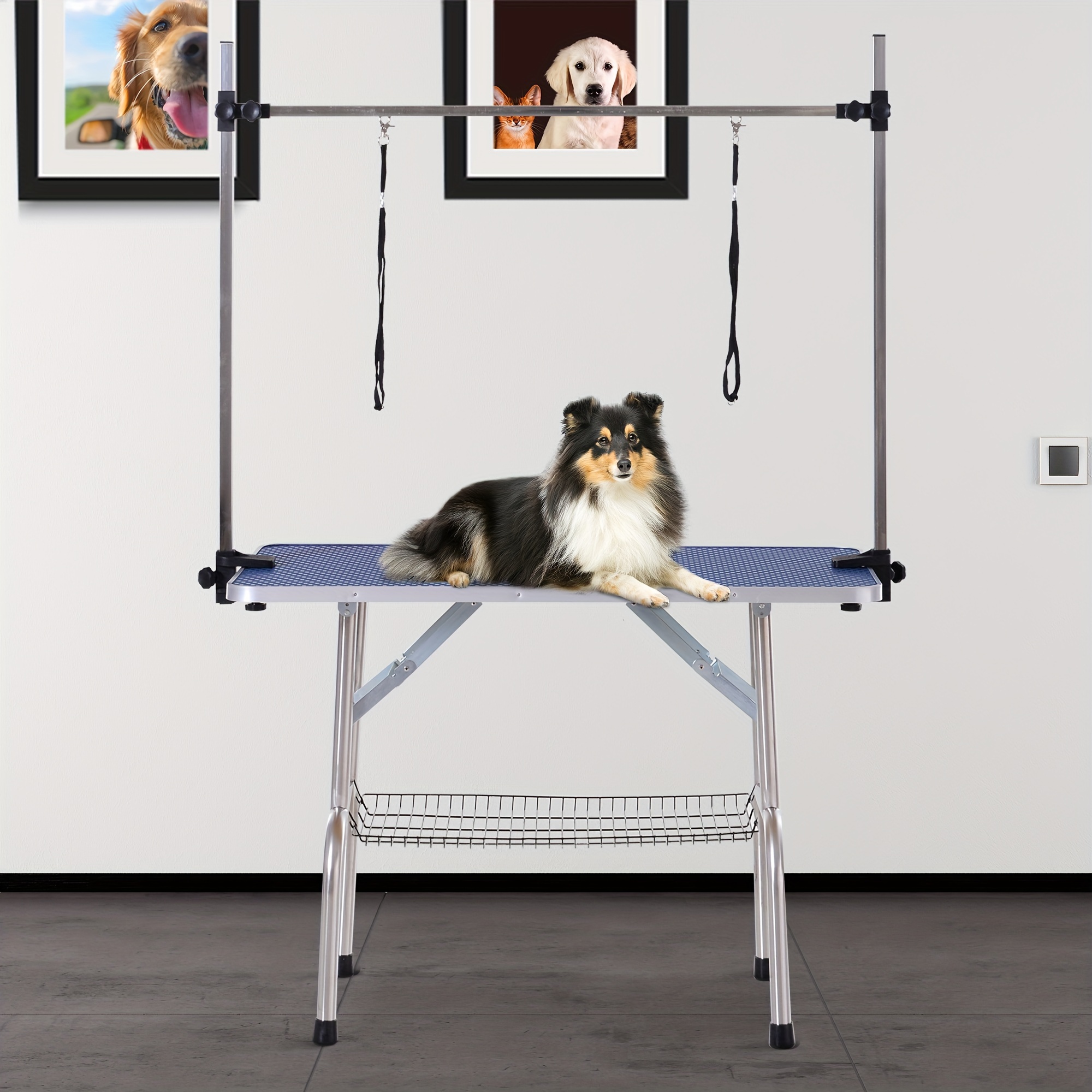 TEMU Table de toilettage pour chien réglable PawHut avec plateau en caoutchouc, 2 élingues de sécurité, panier de rangement en filet, structure