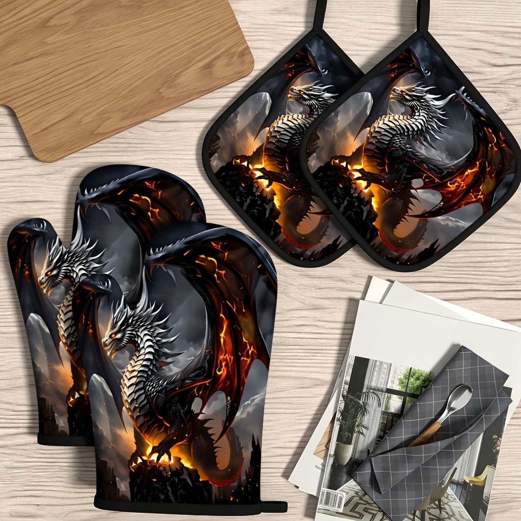 TEMU 4pcs Set Of Blazing Black Dragon Illustration Pattern Oven Mitts And Heat-resistant Pot Holders, 27x17cm, , Suitable For Kitchen, Baking, And