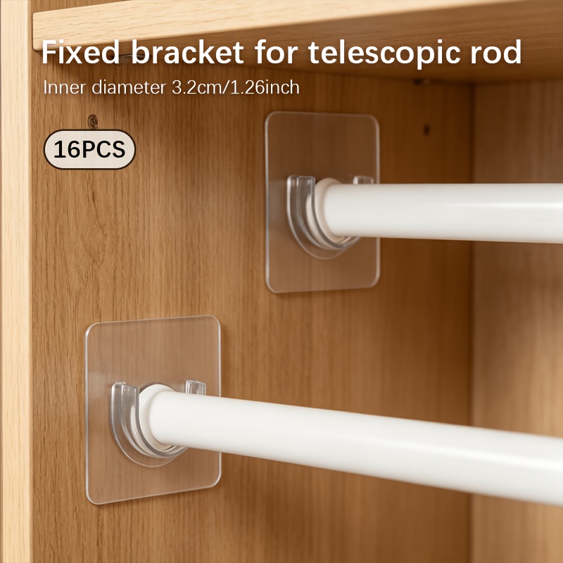 TEMU 16pcs/8pcs Adjustable Rod Fixed Brackets Adhesive Clothes Rod Supports Curtain Rod Fixed Bases Door Curtain Rod Support Hooks, Suitable For