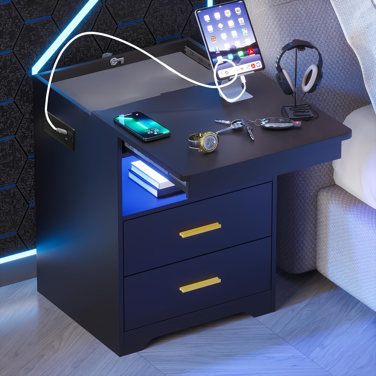 TEMU Led Nightstand With Hidden Charging Station, Modern Side Table With Fabric Drawer, Automatic Sensor 16-color Adjustable Bedside Lamp, Bedroom