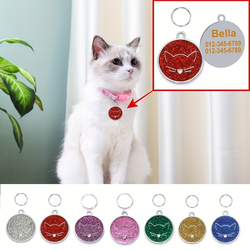 

Personalized Pet Id Tags With Cartoon Cat Face, Custom Engraved Zinc Alloy Nameplate For Collars, Laser Etched Information Charm For Cats And Dogs