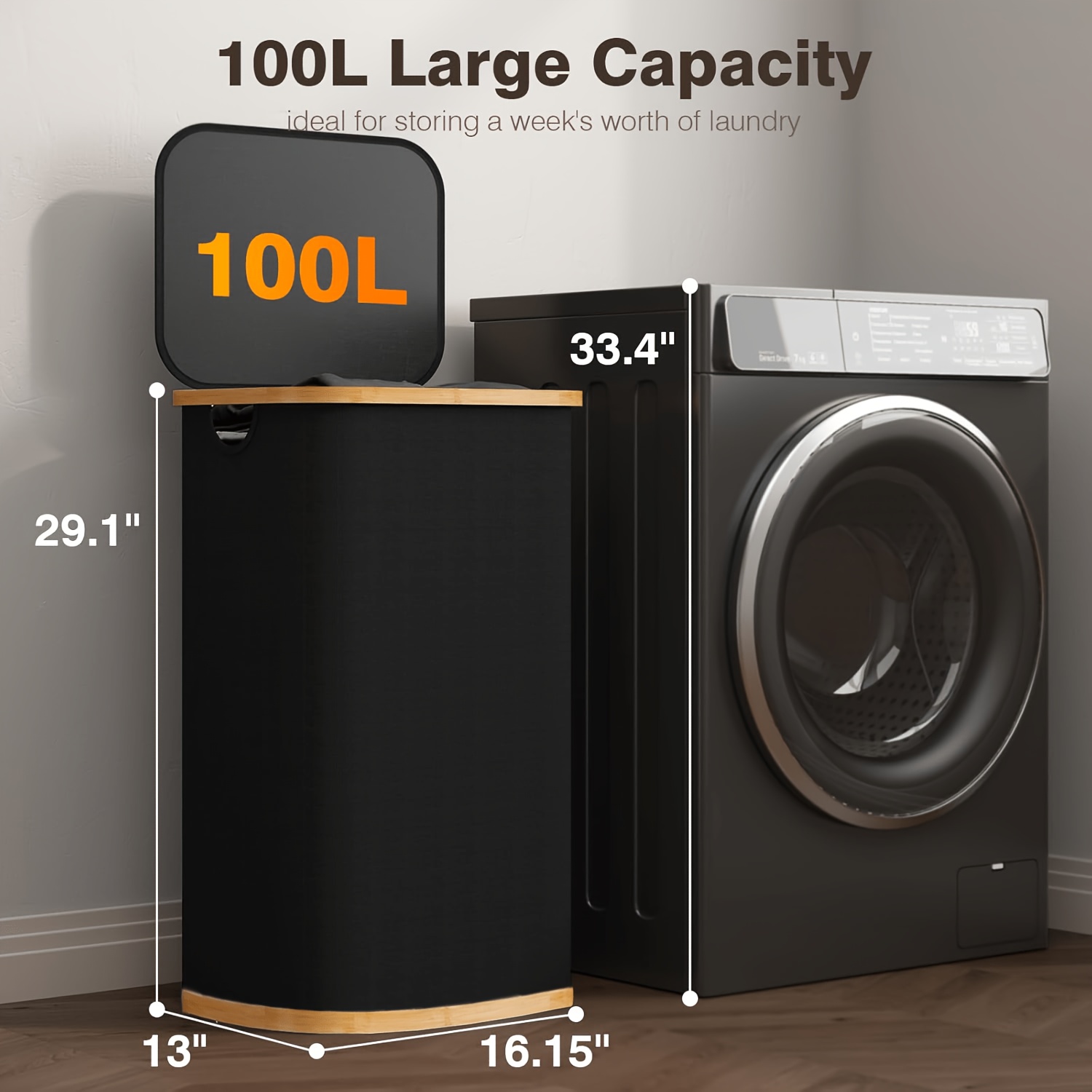 TEMU 100l Laundry Hamper With Lid, Foldable Laundry Basket, Ultra-thin Clothes Sorting, Removable And Washable Bags With Bamboo Handle, Suitable For