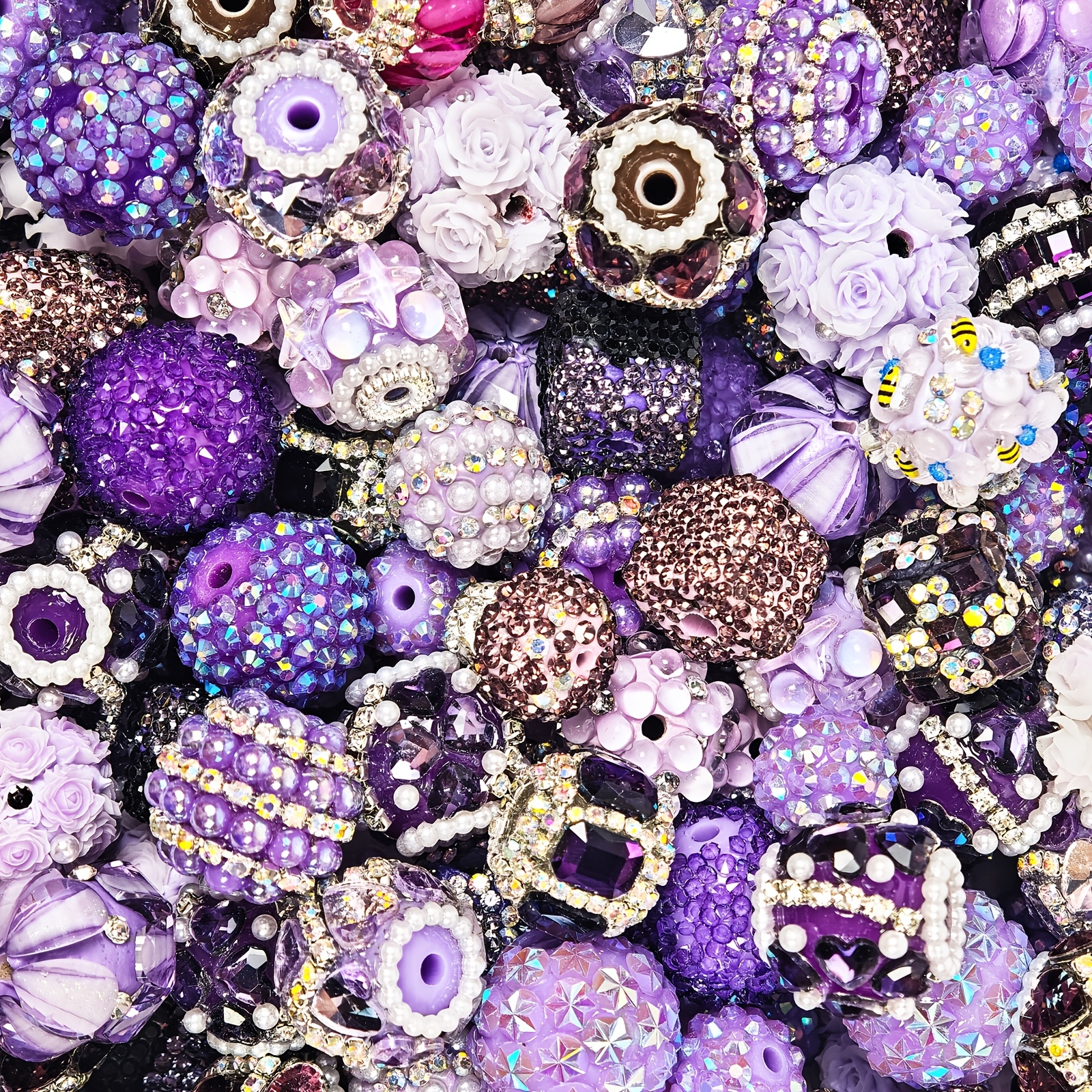 TEMU Fflfuu Ccdcll 10pcs Sweet Black Inlaid Resin Beads Heart Flower Mixed Hole Beads Handmade Diy Beading Materials Suitable For Valentine's Day