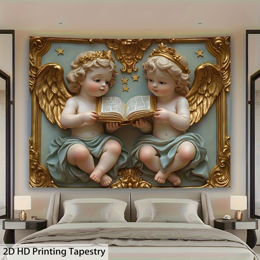Elegant Angel Statue Tapestry With Serene Cherubic Reading Figures_voghion.com