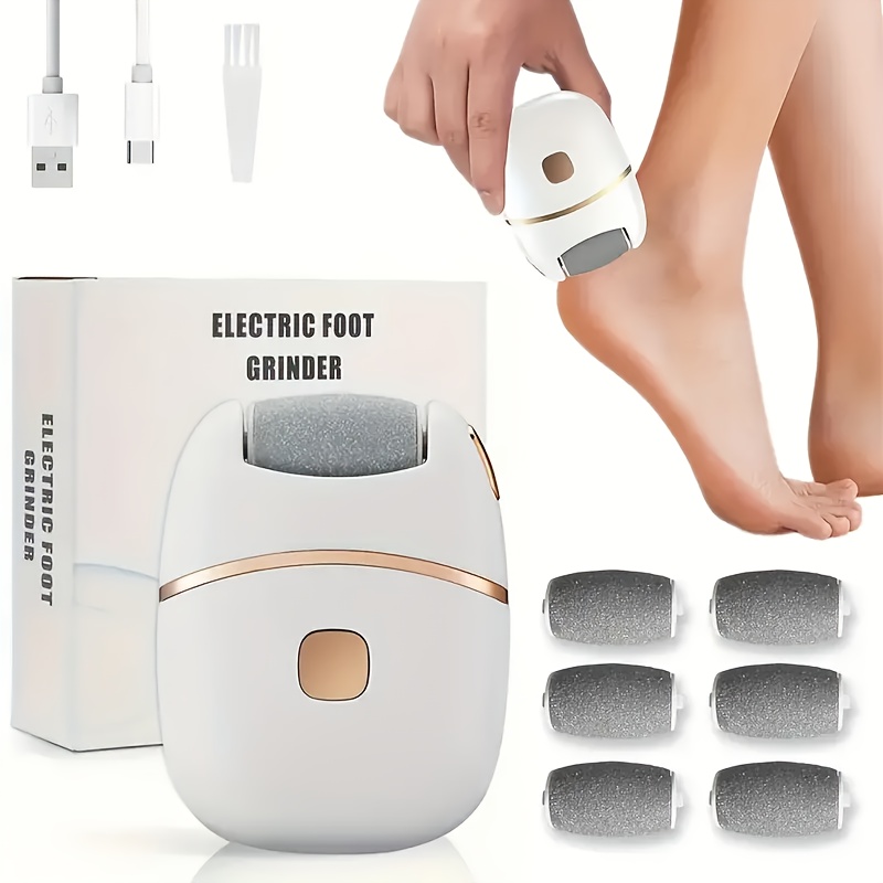Image of Rechargeable Electric Foot Polishing Grooming Machine With 6 Replaceable Grinding Heads, Usb Powered White & Care Tool, Handle For Men Women Daily Personal Use